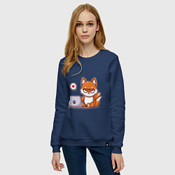 Свитшот хлопковый женский Cute fox and laptop, цвет: тёмно-синий — фото 2