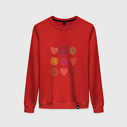 Свитшот хлопковый женский Цветные сердца и круги, цвет: красный