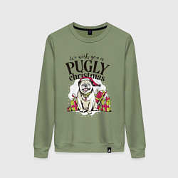 Свитшот хлопковый женский Pugly Christmas, цвет: авокадо