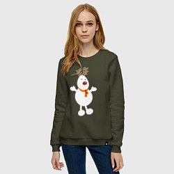 Свитшот хлопковый женский Олень снеговик 01, цвет: хаки — фото 2
