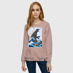 Свитшот хлопковый женский Godzilla in The Waves Eastern, цвет: пыльно-розовый — фото 2