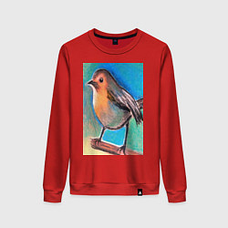 Свитшот хлопковый женский Рисунок пастелью птица синица, цвет: красный