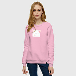 Свитшот хлопковый женский Белый кот из мема, цвет: светло-розовый — фото 2