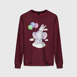 Свитшот хлопковый женский Милый Слонёнок и Крольчонок На Облаке, цвет: меланж-бордовый