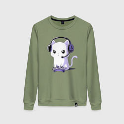 Свитшот хлопковый женский Котёнок игроман The kitten is a gambler, цвет: авокадо