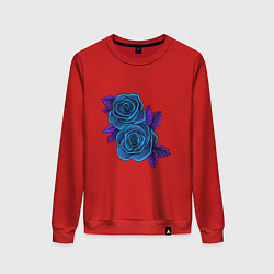Свитшот хлопковый женский Синие розы ночью, цвет: красный