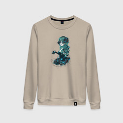 Свитшот хлопковый женский Девушка в образе санта муэрте и синие розы, цвет: миндальный