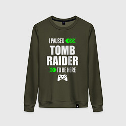 Свитшот хлопковый женский I paused Tomb Raider to be here с зелеными стрелка, цвет: хаки