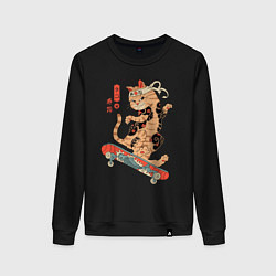 Свитшот хлопковый женский Кот самурай скейтбордист, цвет: черный