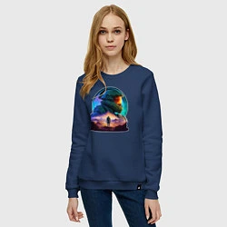 Свитшот хлопковый женский Киборг и космический пейзаж, цвет: тёмно-синий — фото 2