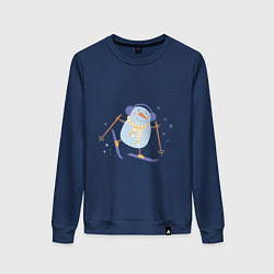 Свитшот хлопковый женский Снеговик катается на лыжах, цвет: тёмно-синий