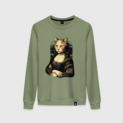 Свитшот хлопковый женский Кошка Мона Лиза, цвет: авокадо