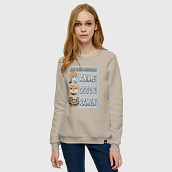 Свитшот хлопковый женский Just a girl who loves anime dogs ramen, цвет: миндальный — фото 2