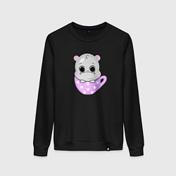 Свитшот хлопковый женский Бегемот в кружке, цвет: черный
