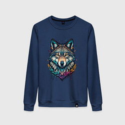 Свитшот хлопковый женский Лесной яркий волк, цвет: тёмно-синий