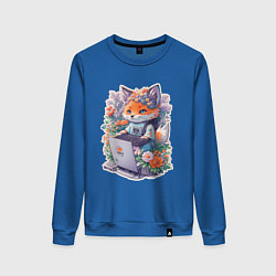 Свитшот хлопковый женский Лиса геймер за компьютером, цвет: синий
