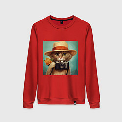 Свитшот хлопковый женский Кот в соломенной шляпе с фотоаппаратом, цвет: красный
