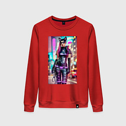 Свитшот хлопковый женский Cyberpunk - cat girl - neural network, цвет: красный