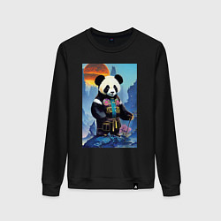 Свитшот хлопковый женский Панда на берегу озера - нейросеть, цвет: черный