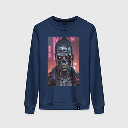 Свитшот хлопковый женский Зомби зловещий скелет киберпанк, цвет: тёмно-синий