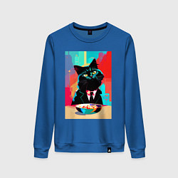Свитшот хлопковый женский Чёрный котик джентльмен - нейросеть, цвет: синий