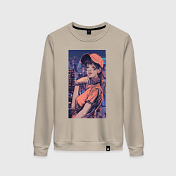 Свитшот хлопковый женский Девушка в стиле аниме на фоне города неон, цвет: миндальный