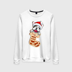 Свитшот хлопковый женский Новогодний французский бульдог в колпаке и в носке, цвет: белый