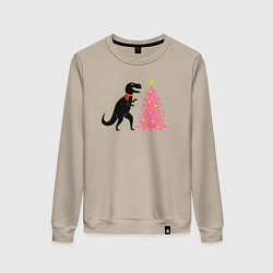 Свитшот хлопковый женский Динозавр украшает ёлку, цвет: миндальный