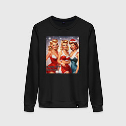 Свитшот хлопковый женский Новогодние ретро девушки, цвет: черный