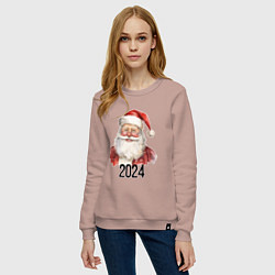 Свитшот хлопковый женский Санта в очках 2024, цвет: пыльно-розовый — фото 2