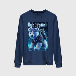 Свитшот хлопковый женский Белый медвежонок в стиле киберпанк, цвет: тёмно-синий