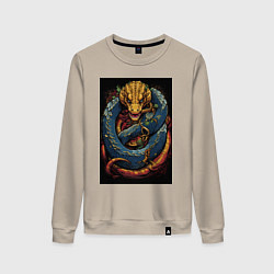 Свитшот хлопковый женский Муай тай синий дракон, цвет: миндальный