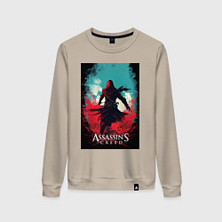 Свитшот хлопковый женский Assassins creed red blue abstract, цвет: миндальный