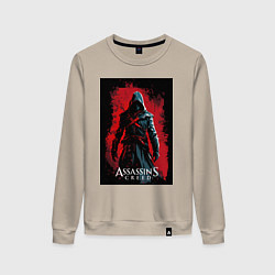 Свитшот хлопковый женский Assassins creed на фоне красной стены, цвет: миндальный