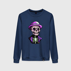 Свитшот хлопковый женский Скелет в фиолетовой шляпе, цвет: тёмно-синий