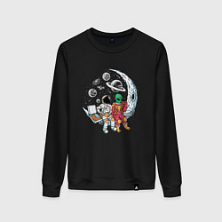 Свитшот хлопковый женский Астронавт и пришелец едят пиццу, цвет: черный