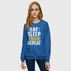 Свитшот хлопковый женский Eat sleep train, цвет: синий — фото 2