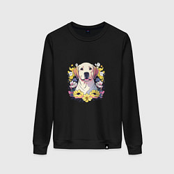 Свитшот хлопковый женский Лабрадор-ретривер среди цветов, цвет: черный