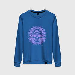 Свитшот хлопковый женский Лиловый череп и растительный орнамент тату, цвет: синий