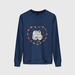 Свитшот хлопковый женский Коты в сердечке с розами, цвет: тёмно-синий