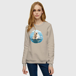 Свитшот хлопковый женский Задумчивый белый медведь на льдине, цвет: миндальный — фото 2
