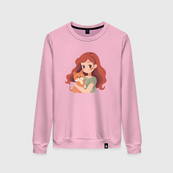 Свитшот хлопковый женский Девочка с рыжим котёнком, цвет: светло-розовый
