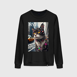 Свитшот хлопковый женский Пирсинг Нью-Йоркского кота - нейросеть, цвет: черный