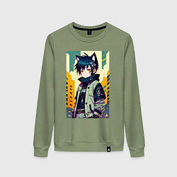 Свитшот хлопковый женский Девочка котёнок - нейросеть, цвет: авокадо