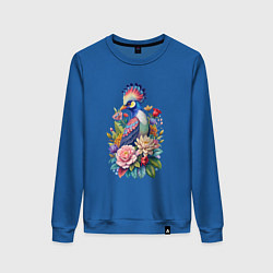 Свитшот хлопковый женский Шлемоносный турако среди цветов, цвет: синий