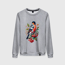 Свитшот хлопковый женский Снегирь не ветке красной рябины, цвет: меланж