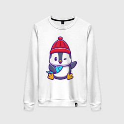 Свитшот хлопковый женский Пингвин с рыбкой, цвет: белый