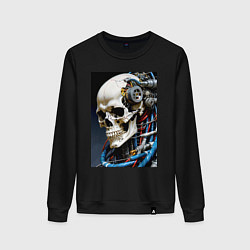 Свитшот хлопковый женский Кибер череп - нейроарт фантазия, цвет: черный