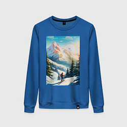 Свитшот хлопковый женский Лыжник в горах, цвет: синий