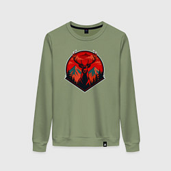 Свитшот хлопковый женский Олень на фоне гор, цвет: авокадо